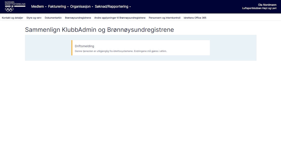 Problemer med koblingen mellom KlubbAdmin og Brønnøysundregistrene